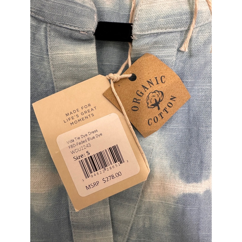 Faherty Vida Tie Dye Dress Faded Blue Organic Cotton Tiered Bell Sleeve - Picture 3 of 6